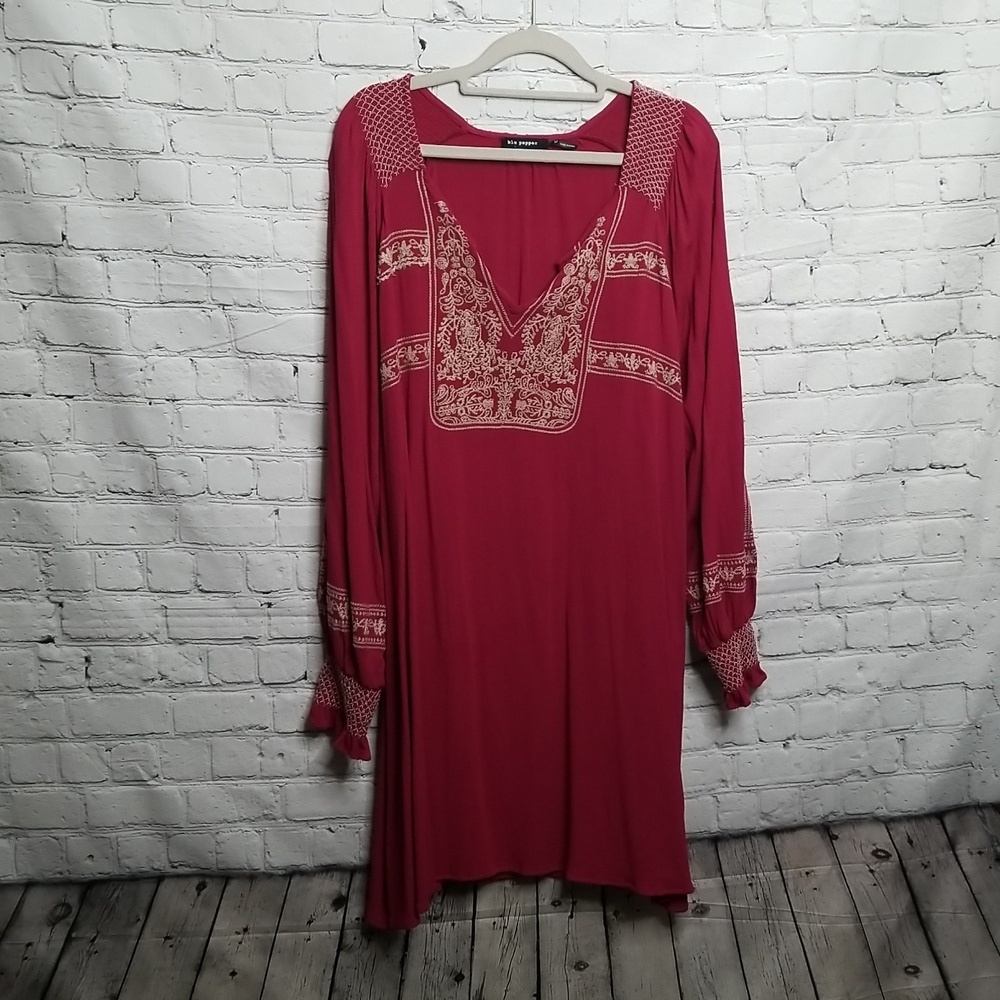 Blu Pepper Red Shirt Dress Peasant Style Cinched Sleeves Medium